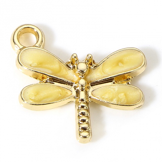 Picture of 10 PCs Zinc Based Alloy Insect Charms Gold Plated Yellow Dragonfly Animal Enamel 15.5mm x 14.5mm