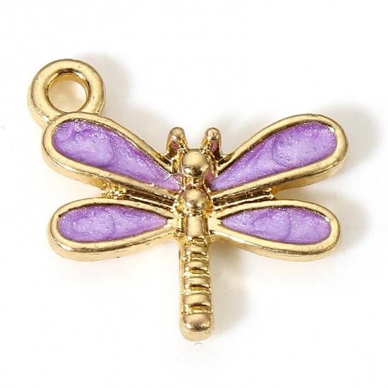 Picture of 10 PCs Zinc Based Alloy Insect Charms Gold Plated Purple Dragonfly Animal Enamel 15.5mm x 14.5mm