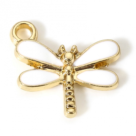 Picture of 10 PCs Zinc Based Alloy Insect Charms Gold Plated White Dragonfly Animal Enamel 15.5mm x 14.5mm