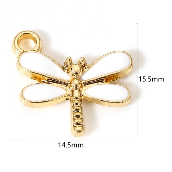 Picture of 10 PCs Zinc Based Alloy Insect Charms Gold Plated White Dragonfly Animal Enamel 15.5mm x 14.5mm