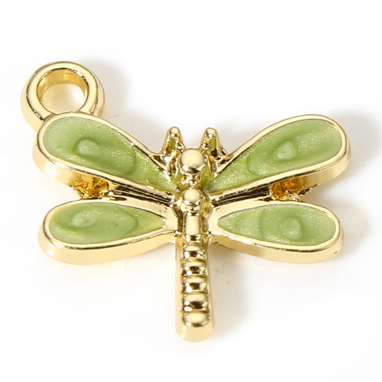Picture of 10 PCs Zinc Based Alloy Insect Charms Gold Plated Green Dragonfly Animal Enamel 15.5mm x 14.5mm