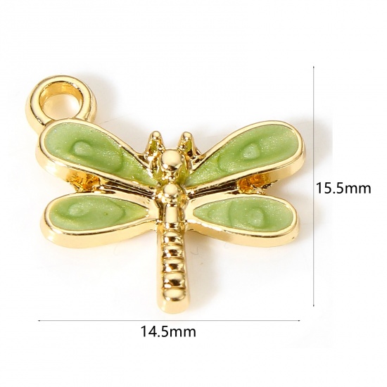 Picture of 10 PCs Zinc Based Alloy Insect Charms Gold Plated Green Dragonfly Animal Enamel 15.5mm x 14.5mm