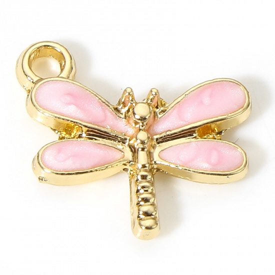 Picture of 10 PCs Zinc Based Alloy Insect Charms Gold Plated Pink Dragonfly Animal Enamel 15.5mm x 14.5mm