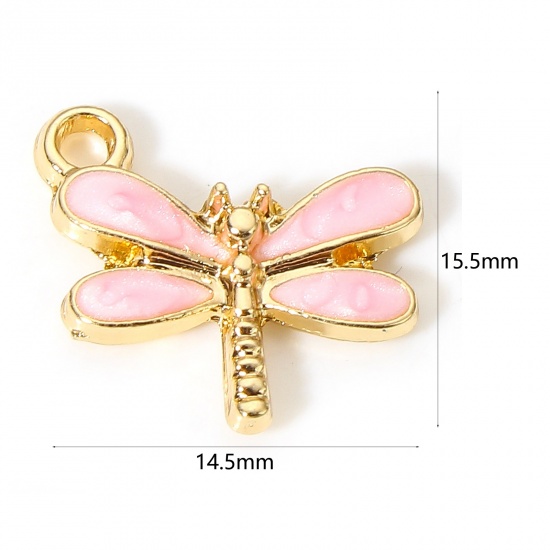 Picture of 10 PCs Zinc Based Alloy Insect Charms Gold Plated Pink Dragonfly Animal Enamel 15.5mm x 14.5mm