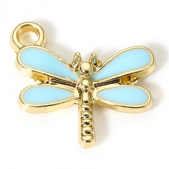 Picture of 10 PCs Zinc Based Alloy Insect Charms Gold Plated Blue Dragonfly Animal Enamel 15.5mm x 14.5mm
