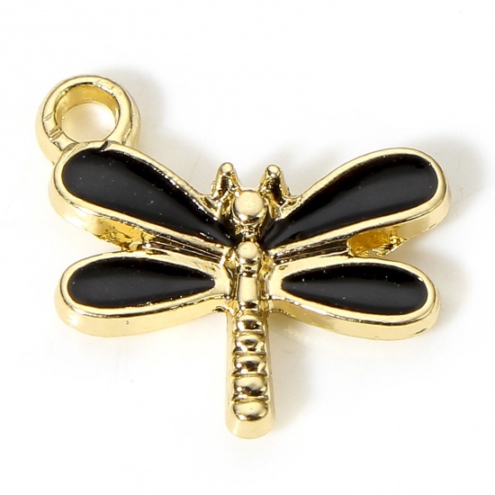 Picture of 10 PCs Zinc Based Alloy Insect Charms Gold Plated Black Dragonfly Animal Enamel 15.5mm x 14.5mm