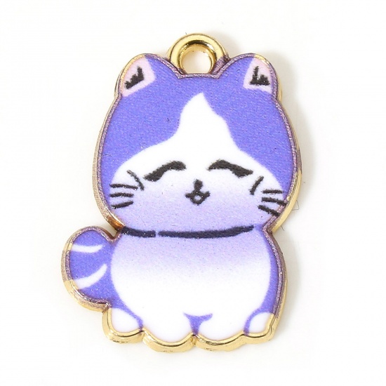 10 個 亜鉛合金 チャーム 金メッキ 紫 猫 エナメル 21mm x 15mm の画像