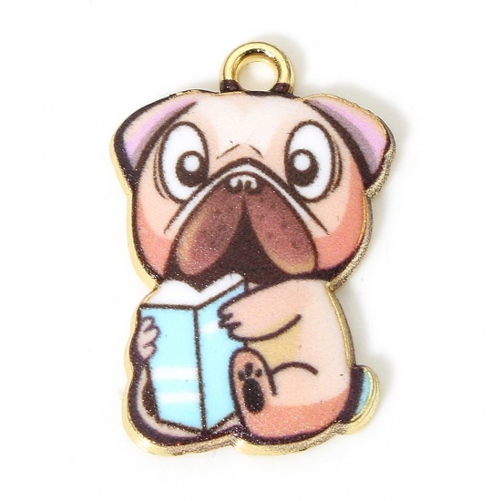 Picture of 10 PCs Zinc Based Alloy Charms Gold Plated Beige Book Dog Enamel 22.5mm x 15mm
