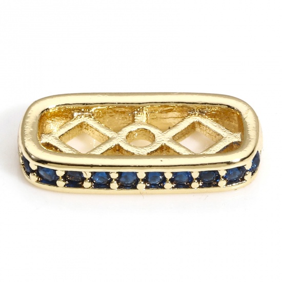 Picture of 2 PCs Brass Stylish Beads For DIY Charm Jewelry Making 18K Real Gold Plated Rectangle Blue Rhinestone About 12.5mm x 6mm, Hole: Approx 1.8mm                                                                                                                  