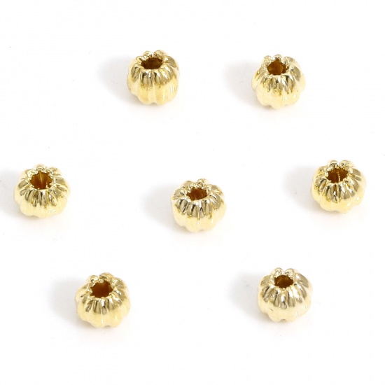 Picture of 20 PCs Brass Stylish Beads For DIY Charm Jewelry Making 18K Real Gold Plated Pumpkin Stripe About 3mm Dia., Hole: Approx 0.7mm                                                                                                                                