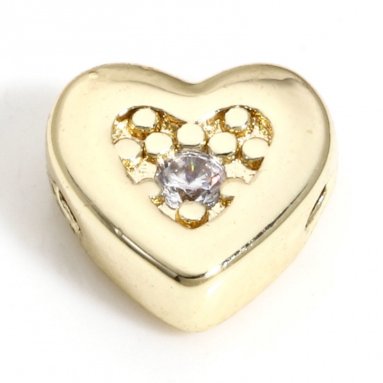 Picture of 2 PCs Brass Simple Beads For DIY Charm Jewelry Making 18K Real Gold Plated Heart Clear Rhinestone About 8mm x 7mm, Hole: Approx 0.6mm                                                                                                                         