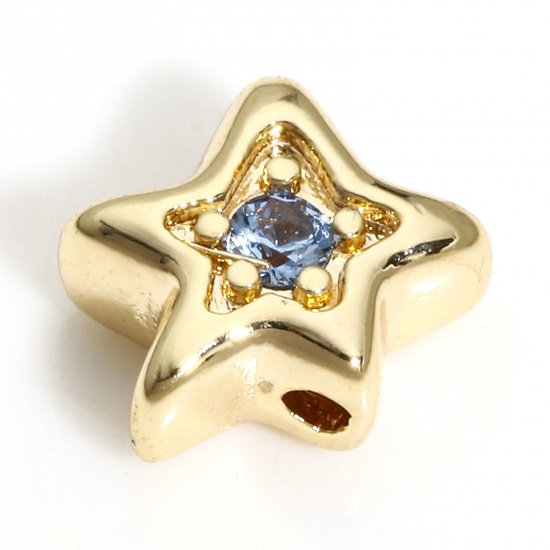 Picture of 2 PCs Brass Stylish Beads For DIY Charm Jewelry Making 18K Real Gold Plated Pentagram Star Blue Rhinestone About 8mm x 7mm, Hole: Approx 0.5mm                                                                                                                