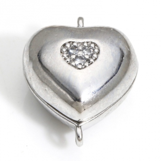 Picture of 1 Piece Brass Magnetic Clasps Heart Real Platinum Plated Can Open Clear Rhinestone 13mm x 10mm                                                                                                                                                                
