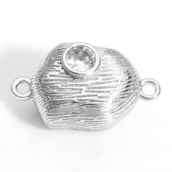 Picture of 1 Piece Brass Magnetic Clasps Hexagon Real Platinum Plated Can Open Clear Rhinestone 18mm x 10.5mm                                                                                                                                                            