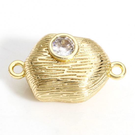Picture of 1 Piece Brass Magnetic Clasps Hexagon 18K Real Gold Plated Can Open Clear Rhinestone 18mm x 10.5mm                                                                                                                                                            