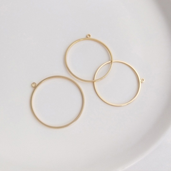Picture of 2 PCs Brass Geometric Bezel Frame Charms Pendants 14K Real Gold Plated Round 28mm Dia.                                                                                                                                                                        