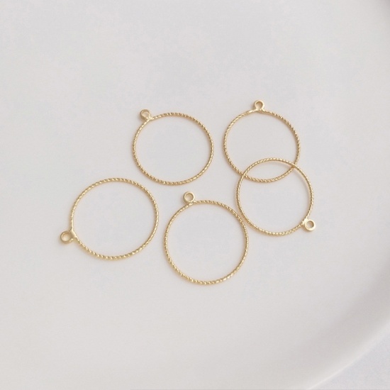 Picture of 2 PCs Brass Geometric Bezel Frame Charms Pendants 14K Real Gold Plated Round Engraving 18mm Dia.                                                                                                                                                              