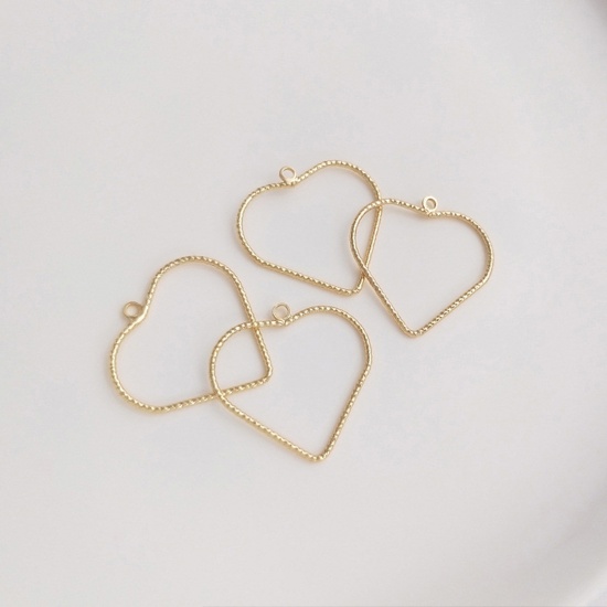 Picture of 2 PCs Brass Geometric Bezel Frame Charms Pendants 14K Real Gold Plated Heart Engraving 23mm                                                                                                                                                                   