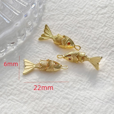 Picture of 1 Piece Eco-friendly Brass Ocean Jewelry Charms 18K Real Gold Plated Fish Animal 3D Movable Orange-red Cubic Zirconia 22mm x 6mm