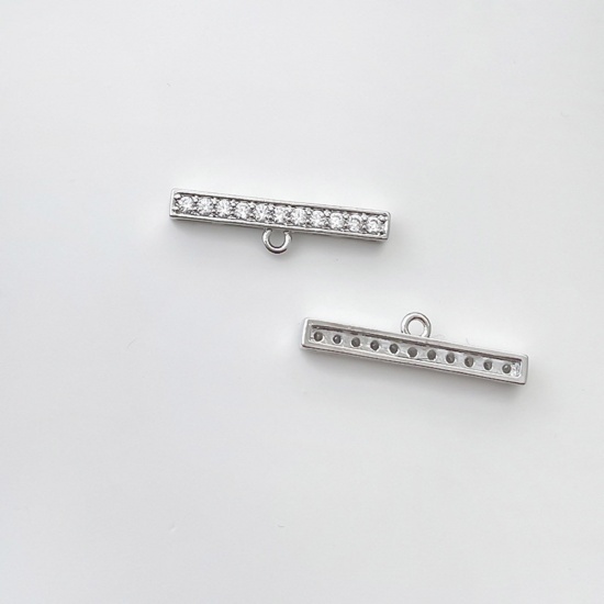 Picture of 2 PCs Brass Chandelier Connectors Sticks Platinum Color Micro Pave Clear Rhinestone 23mm x 3mm                                                                                                                                                                