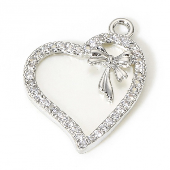 Picture of 1 Piece Shell & Brass Valentine's Day Charms Real Platinum Plated Heart Bowknot Micro Pave Clear Cubic Zirconia 19mm x 16mm                                                                                                                                   