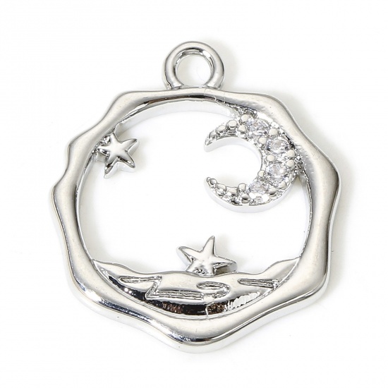 Picture of 1 Piece Brass Galaxy Charms Real Platinum Plated Star Moon Micro Pave Clear Cubic Zirconia 16mm x 14mm                                                                                                                                                        
