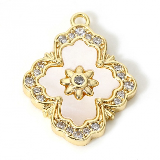 Picture of 1 Piece Natural Shell & Brass Style Of Royal Court Character Charms 18K Real Gold Plated Rhombus Micro Pave Clear Cubic Zirconia 19mm x 15mm
