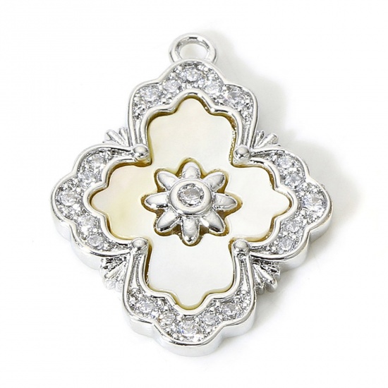 Picture of 1 Piece Natural Shell & Brass Style Of Royal Court Character Charms Real Platinum Plated Rhombus Micro Pave Clear Cubic Zirconia 19mm x 15mm