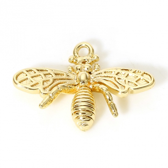 Picture of 5 PCs Brass Insect Charms 18K Real Gold Plated Bee Animal 3D 14mm x 10mm
