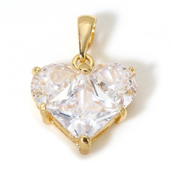Picture of 1 Piece Brass Valentine's Day Charm Pendant 18K Real Gold Plated Heart Clear Cubic Zirconia 20mm x 14mm