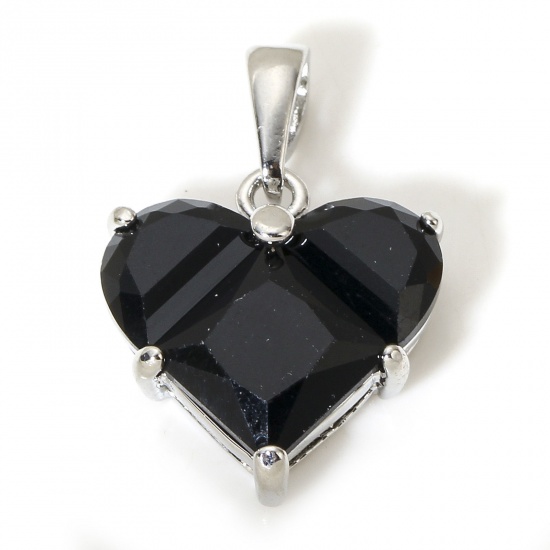 Picture of 1 Piece Brass Valentine's Day Charm Pendant Real Platinum Plated Heart Black Cubic Zirconia 20mm x 14mm
