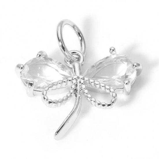 Picture of 1 Piece Brass Insect Charms Dragonfly Animal Real Platinum Plated Clear Cubic Zirconia 15mm x 14mm                                                                                                                                                            