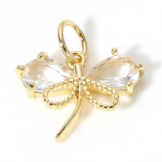 Picture of 1 Piece Brass Insect Charms Dragonfly Animal 18K Real Gold Plated Clear Cubic Zirconia 15mm x 14mm                                                                                                                                                            
