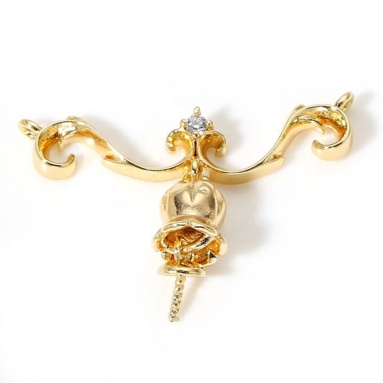 Picture of 1 Piece Brass Christmas Pearl Pendant Connector Bail Pin Cap 18K Real Gold Plated Bell Clear Cubic Zirconia 24mm x 17mm, Needle Thickness: 0.8mm                                                                                                              