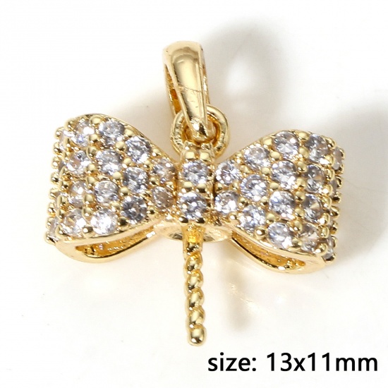 Picture of 1 Piece Brass Pearl Pendant Connector Bail Pin Cap 18K Real Gold Plated Bowknot Micro Pave Clear Cubic Zirconia 13mm x 11mm, Needle Thickness: 0.8mm                                                                                                          