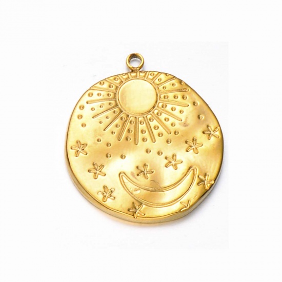 Image de 1 Pièce Breloques en 304 Acier Inoxydable Placage sous Vide Galaxie Soleil Doré Lune 23mm x 20mm 