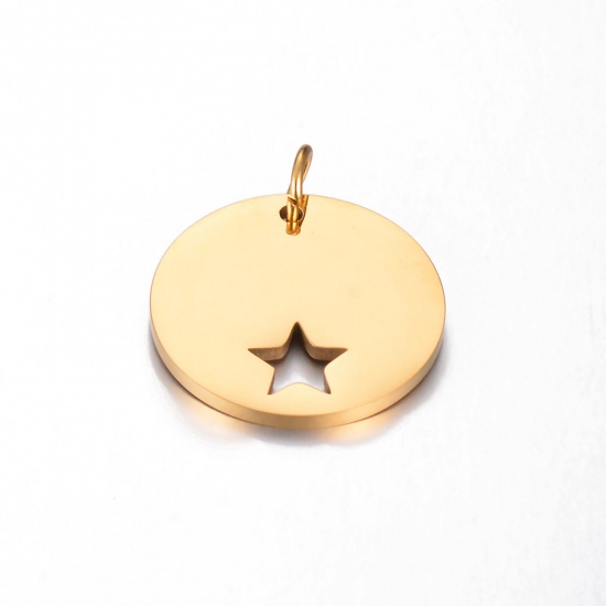Picture of 1 Piece Vacuum Plating 304 Stainless Steel Stylish Charms Gold Plated Round Pentagram Star Hollow 23mm x 20mm