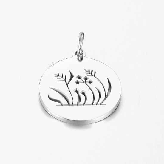 Picture of 1 Piece 304 Stainless Steel Stylish Charms Silver Tone Round Grass Hollow 19mm x 18mm