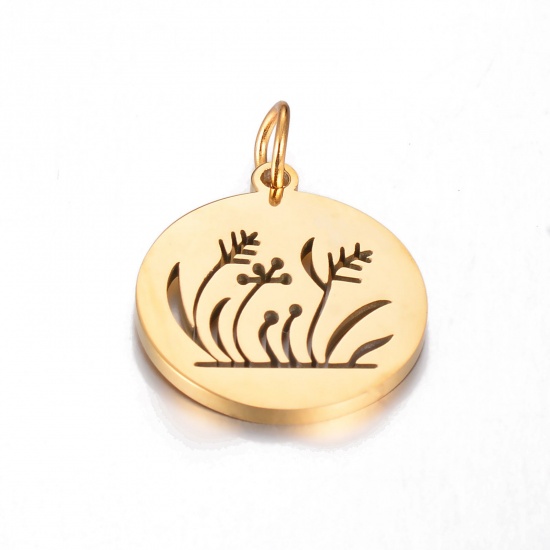 Picture of 1 Piece Vacuum Plating 304 Stainless Steel Stylish Charms Gold Plated Round Grass Hollow 19mm x 18mm