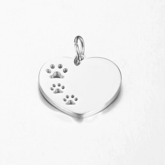 Picture of 1 Piece 304 Stainless Steel Stylish Charms Silver Tone Heart Paw Print Hollow 21mm x 18mm