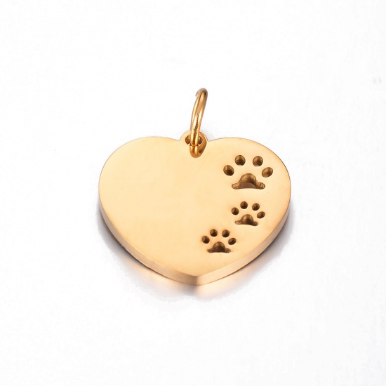 Picture of 1 Piece Vacuum Plating 304 Stainless Steel Stylish Charms Gold Plated Heart Paw Print Hollow 21mm x 18mm