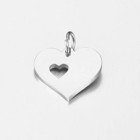Picture of 1 Piece 304 Stainless Steel Stylish Charms Silver Tone Heart Hollow 20mm x 16mm