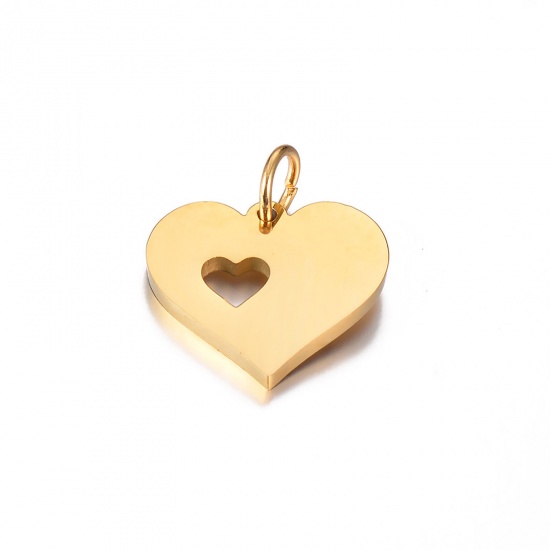 Picture of 1 Piece Vacuum Plating 304 Stainless Steel Stylish Charms Gold Plated Heart Hollow 20mm x 16mm