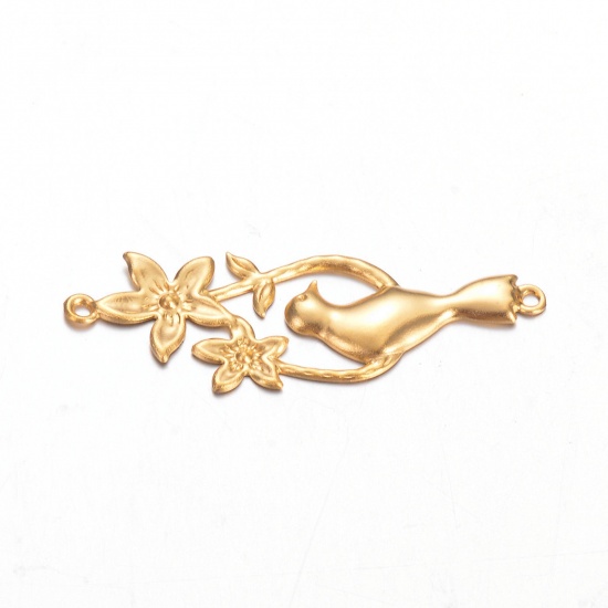 Image de 1 Pièce Connecteurs Pendentifs Breloques en 304 Acier Inoxydable Placage sous Vide Style Pastoral Branches Doré Fleurs 38mm x 13mm 