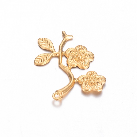 Image de 1 Pièce Breloques en 304 Acier Inoxydable Placage sous Vide Style Pastoral Branches Doré Fleurs 27mm x 19mm 