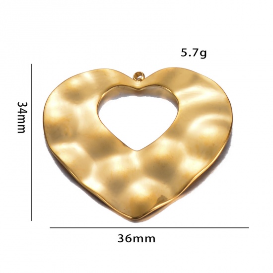Picture of 1 Piece Vacuum Plating 304 Stainless Steel Hammered Pendants Gold Plated Heart Hollow 36mm x 34mm
