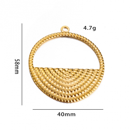 Picture of 1 Piece Vacuum Plating 304 Stainless Steel Geometric Pendants Gold Plated Round Embossing Hollow 58mm x 40mm