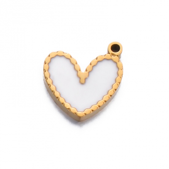 Picture of 1 Piece 304 Stainless Steel Stylish Charms Gold Plated White Heart Enamel 12mm x 11mm