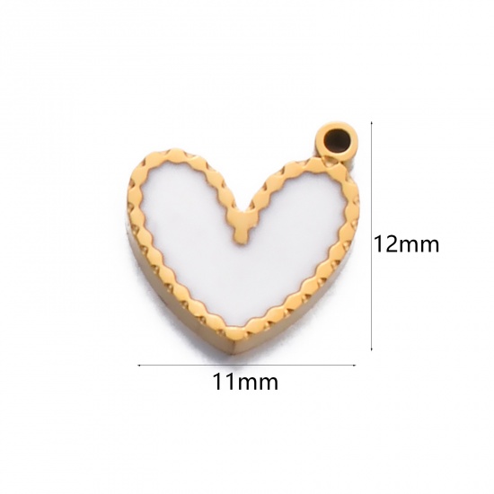 Image de 1 Pièce Breloques en 304 Acier Inoxydable Élégant Cœur Doré Blanc Émail 12mm x 11mm