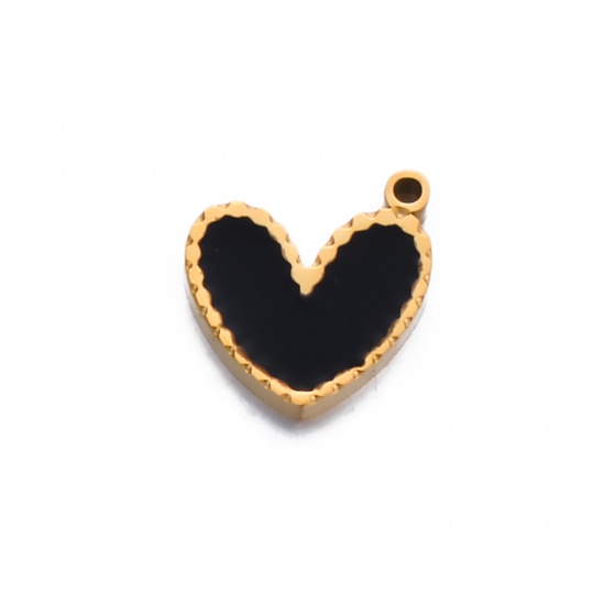 Picture of 1 Piece 304 Stainless Steel Stylish Charms Gold Plated Black Heart Enamel 12mm x 11mm